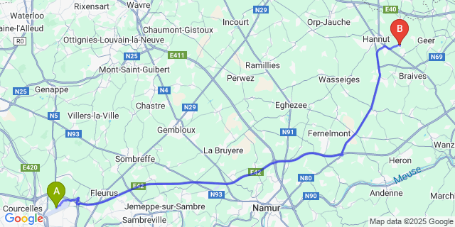 Map: Charleroi Airport Brussels South (CRL) to Blehen