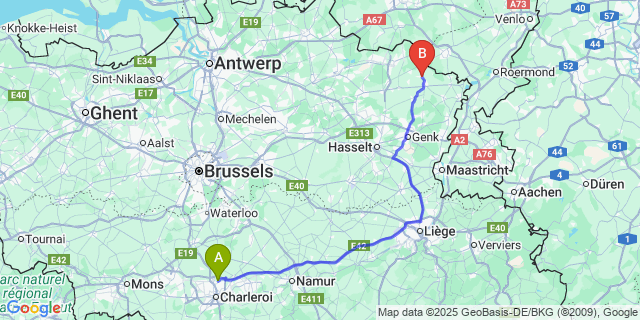 Map: Charleroi Airport Brussels South (CRL) to Bocholt