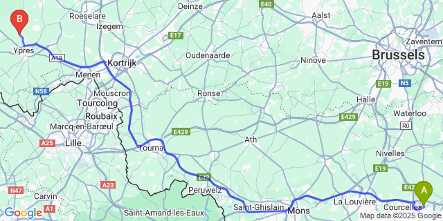Map: Charleroi Airport Brussels South (CRL) to Boezinge
