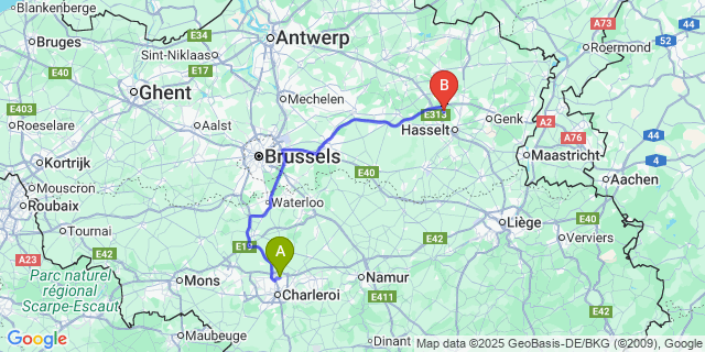 Map: Charleroi Airport Brussels South (CRL) to Bolderberg