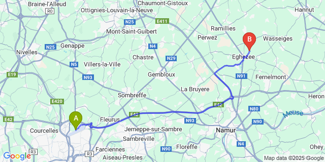 Map: Charleroi Airport Brussels South (CRL) to Bolinne