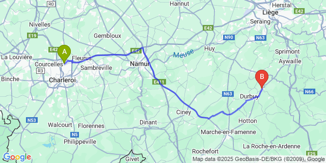 Map: Charleroi Airport Brussels South (CRL) to Bomal-Sur-Ourthe