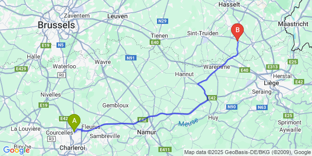Map: Charleroi Airport Brussels South (CRL) to Bommershoven