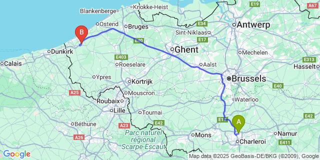 Map: Charleroi Airport Brussels South (CRL) to Booitshoeke