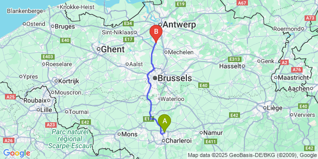 Map: Charleroi Airport Brussels South (CRL) to Boom