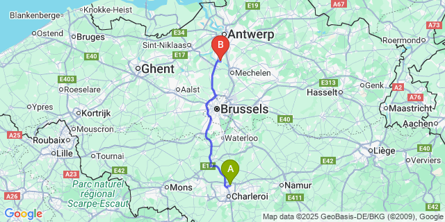 Map: Charleroi Airport Brussels South (CRL) to Boom Tomorrowland Festival