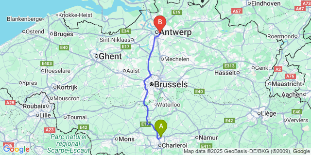 Map: Charleroi Airport Brussels South (CRL) to Borgerhout