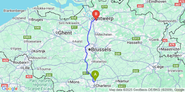 Map: Charleroi Airport Brussels South (CRL) to Borsbeek