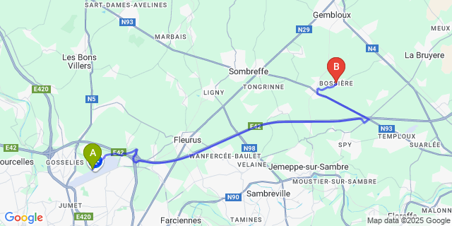 Map: Charleroi Airport Brussels South (CRL) to Bossi?re
