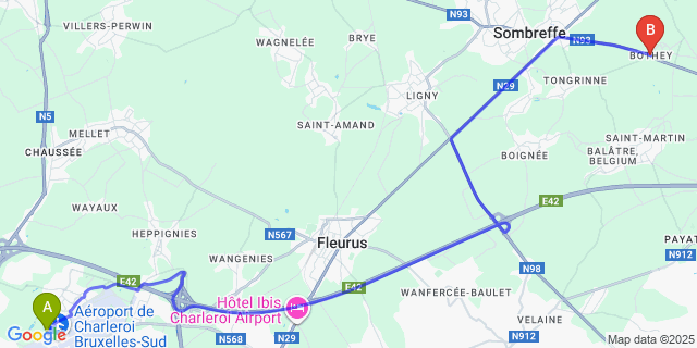 Map: Charleroi Airport Brussels South (CRL) to Bothey