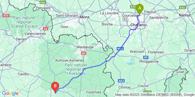 Map: Charleroi Airport Brussels South (CRL) to Boue