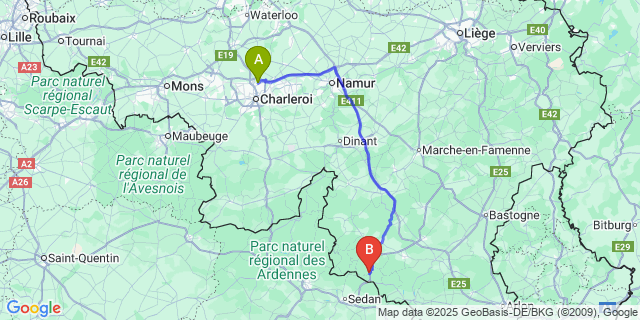 Map: Charleroi Airport Brussels South (CRL) to Bouillon