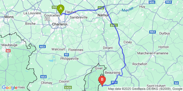 Map: Charleroi Airport Brussels South (CRL) to Bourseigne-Neuve