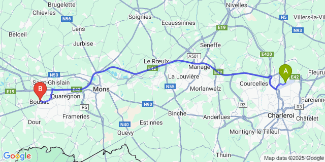 Map: Charleroi Airport Brussels South (CRL) to Boussu