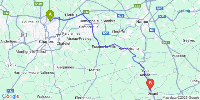 Map: Charleroi Airport Brussels South (CRL) to Bouvignes-Sur-Meuse