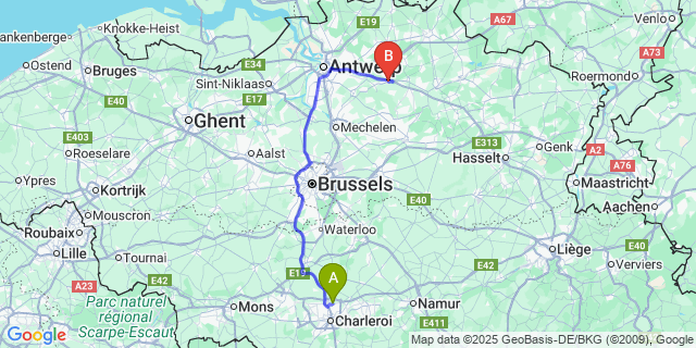 Map: Charleroi Airport Brussels South (CRL) to Bouwel