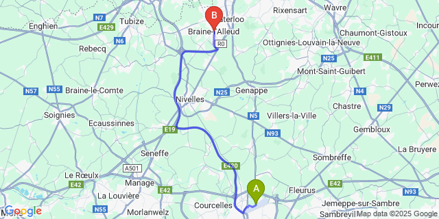Map: Charleroi Airport Brussels South (CRL) to Braine-l’Alleud