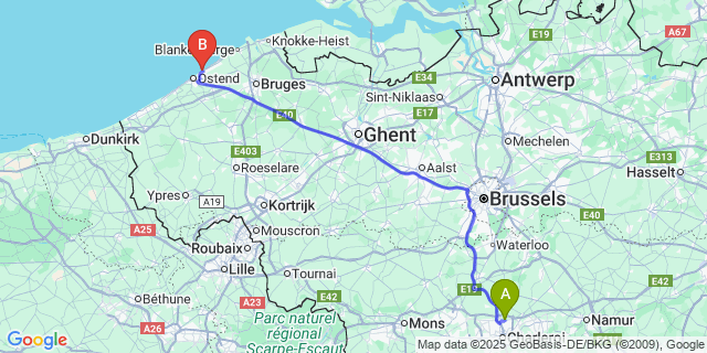 Map: Charleroi Airport Brussels South (CRL) to Bredene