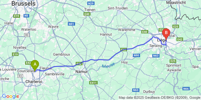 Map: Charleroi Airport Brussels South (CRL) to Bressoux