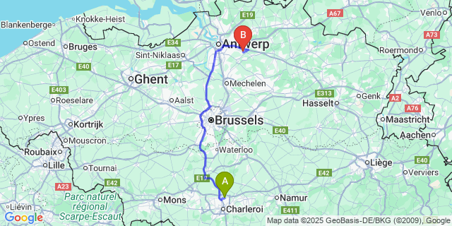Map: Charleroi Airport Brussels South (CRL) to Broechem
