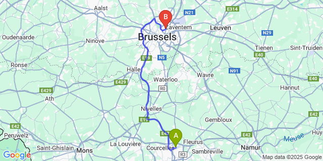 Map: Charleroi Airport Brussels South (CRL) to Brussel (Evere)