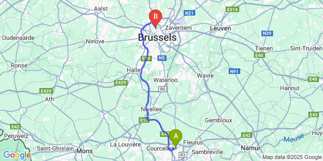 Map: Charleroi Airport Brussels South (CRL) to Brussel (Laken)