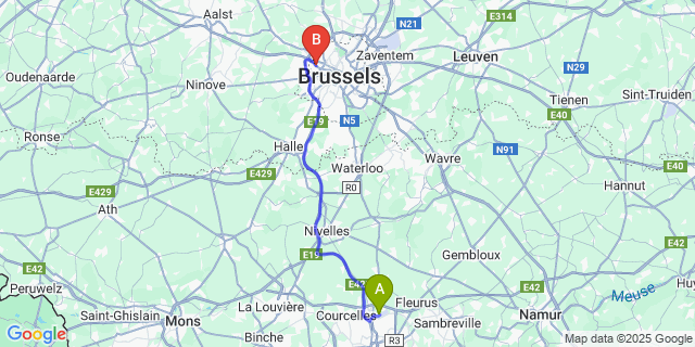 Map: Charleroi Airport Brussels South (CRL) to Brussel (Sint-Agatha-Berchem)