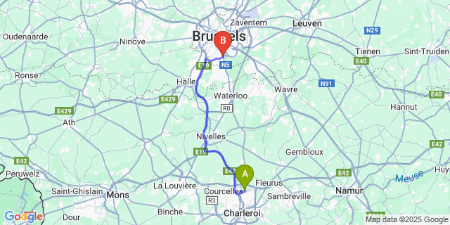Map: Charleroi Airport Brussels South (CRL) to Brussel (Ukkel)