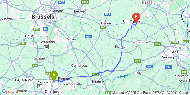 Map: Charleroi Airport Brussels South (CRL) to Brustem