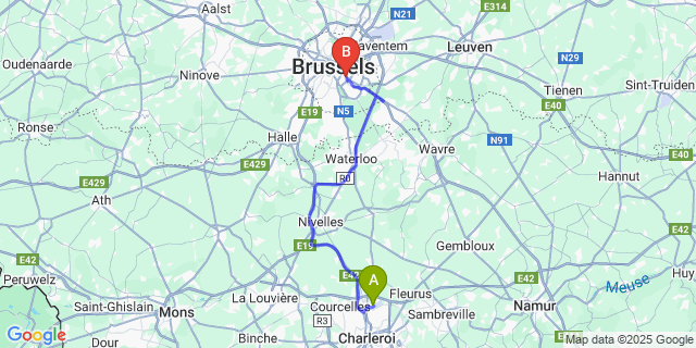 Map: Charleroi Airport Brussels South (CRL) to Bruxelles (Etterbeek)