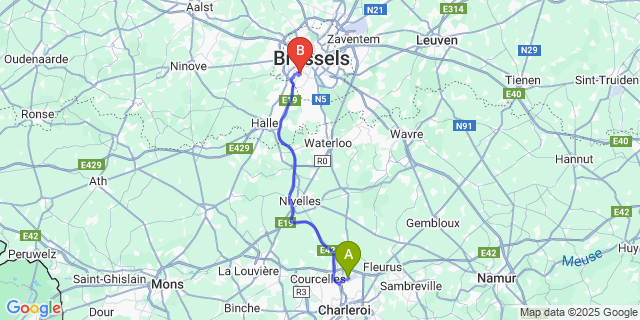 Map: Charleroi Airport Brussels South (CRL) to Bruxelles (Forest)