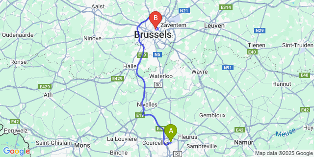 Map: Charleroi Airport Brussels South (CRL) to Bruxelles (Schaerbeek)