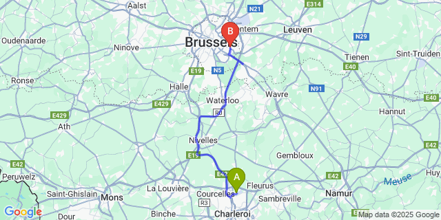 Map: Charleroi Airport Brussels South (CRL) to Bruxelles (Woluwe-Saint-Pierre)