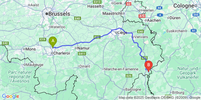 Map: Charleroi Airport Brussels South (CRL) to Burg-Reuland