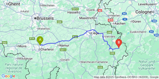 Map: Charleroi Airport Brussels South (CRL) to Butgenbach