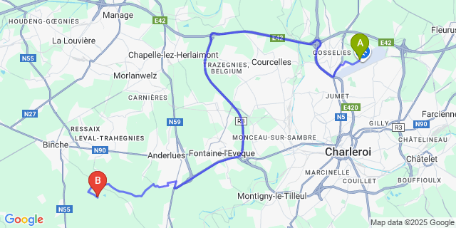 Map: Charleroi Airport Brussels South (CRL) to Buvrinnes