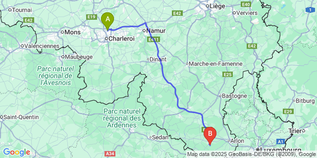 Map: Charleroi Airport Brussels South (CRL) to Buzenol