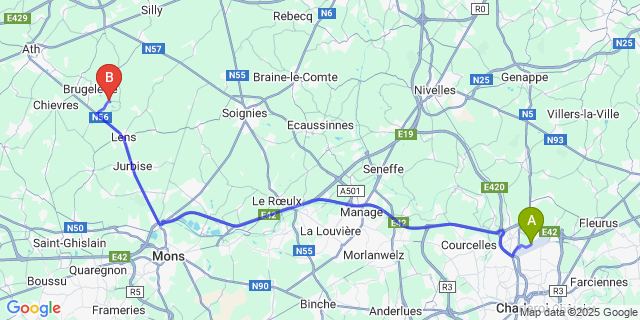 Map: Charleroi Airport Brussels South (CRL) to Cambron-Casteau
