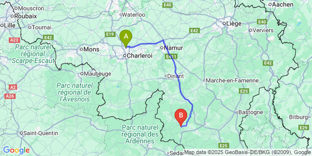 Map: Charleroi Airport Brussels South (CRL) to Carlsbourg