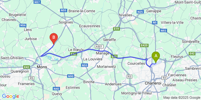 Map: Charleroi Airport Brussels South (CRL) to Casteau