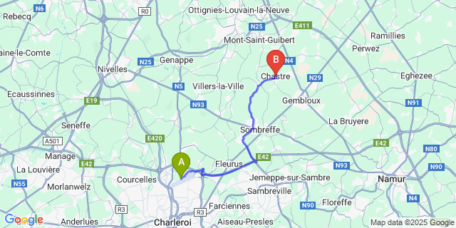 Map: Charleroi Airport Brussels South (CRL) to Chastre-Villeroux-Blanmont