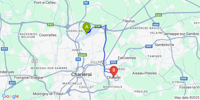 Map: Charleroi Airport Brussels South (CRL) to Châtelet