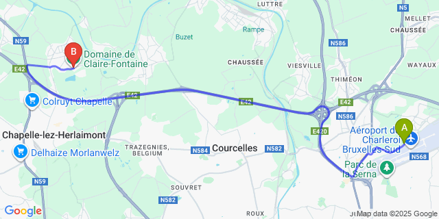 Map: Charleroi Airport Brussels South (CRL) to Clairefontaine