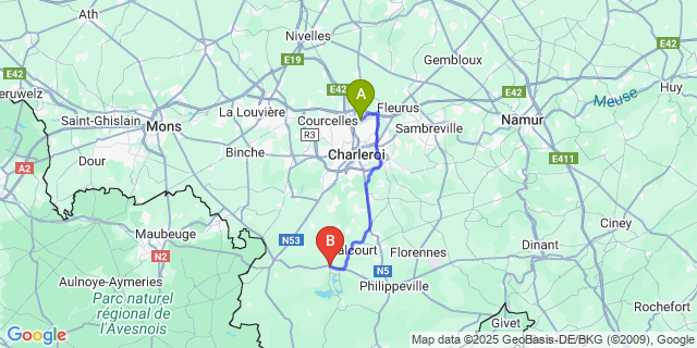 Map: Charleroi Airport Brussels South (CRL) to Clermont-Lez-Walcourt