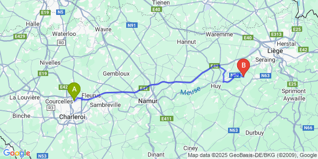 Map: Charleroi Airport Brussels South (CRL) to Clermont-Sous-Huy