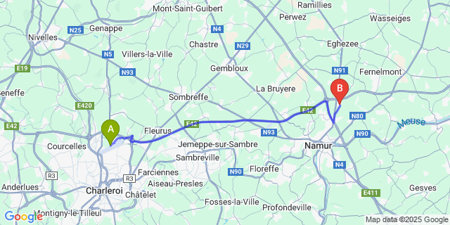 Map: Charleroi Airport Brussels South (CRL) to Cognelée