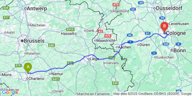 Map: Charleroi Airport Brussels South (CRL) to Cologne