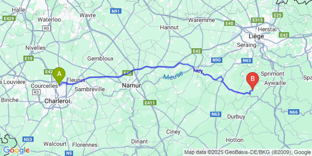 Map: Charleroi Airport Brussels South (CRL) to Comblain-Fairon