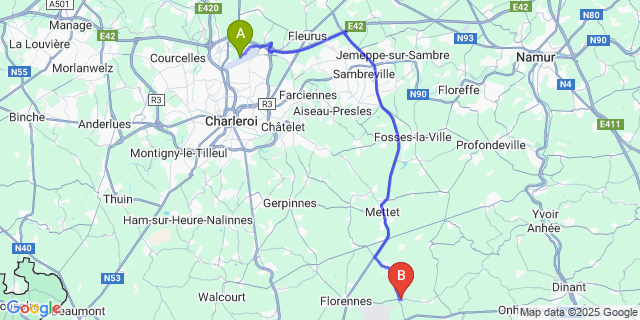 Map: Charleroi Airport Brussels South (CRL) to Corenne