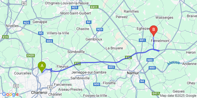 Map: Charleroi Airport Brussels South (CRL) to Cortil-Wodon